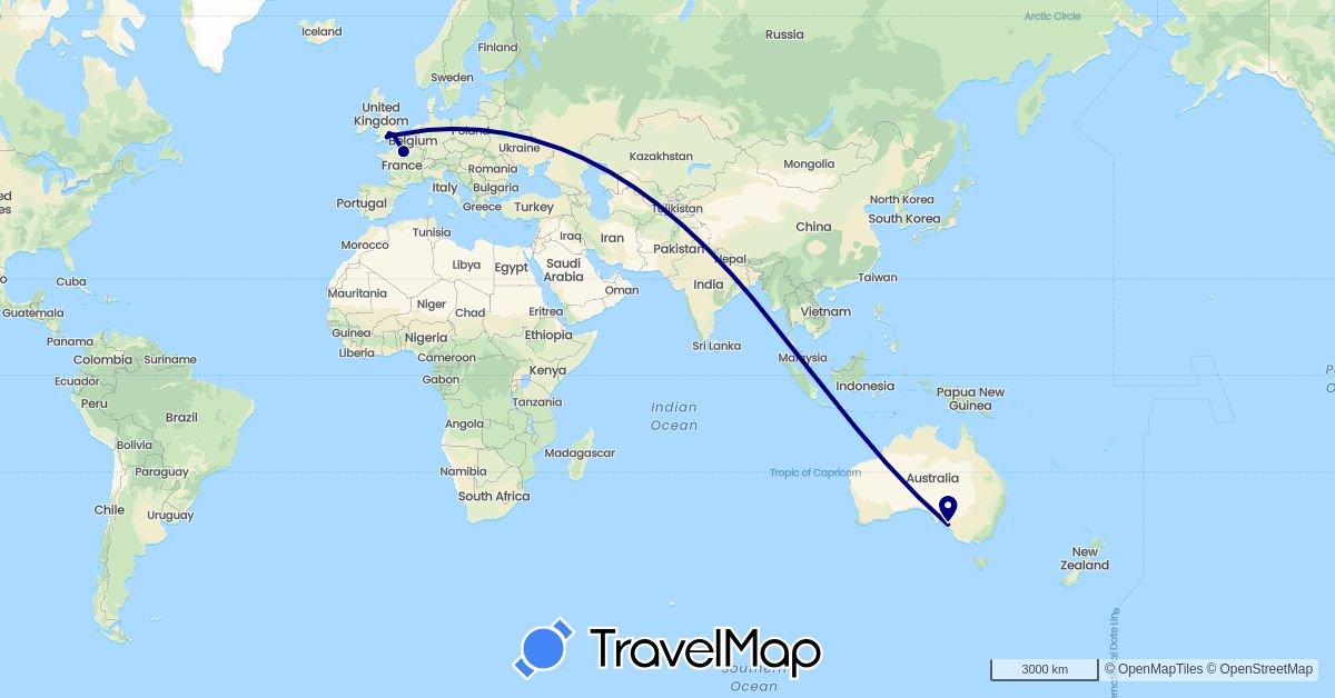 TravelMap itinerary: driving in Australia, France, United Kingdom, Singapore (Asia, Europe, Oceania)